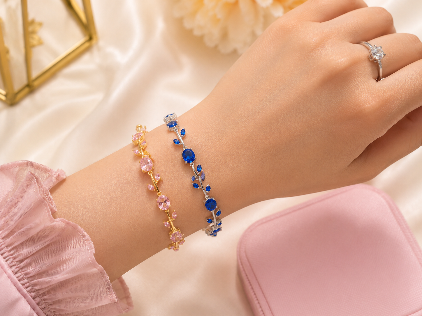 3 Pcs Luminous Design Artificial Crystal Stones Tulip Bracelet & Ring for Girls/Women